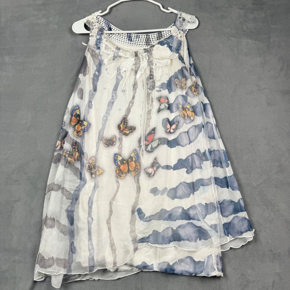 Belle France Butterfly Watercolor Lace Trim Sleeveless‎ Tunic Top Dress Blue M